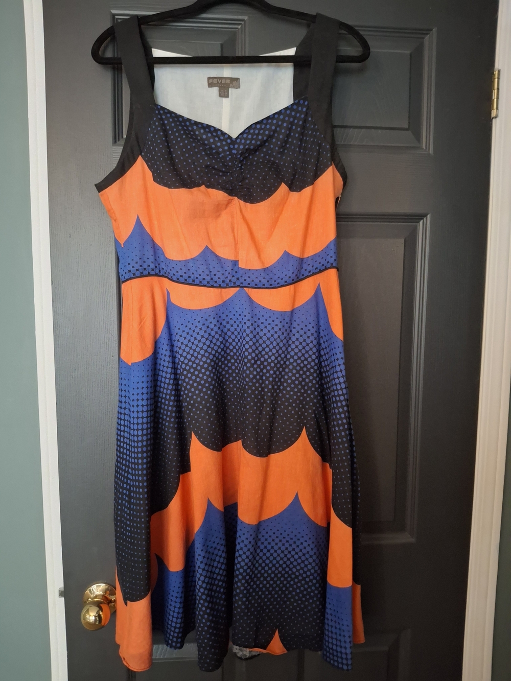 Fever Orange, Blue & Black Scallop Print Fit-and-Flare Dress